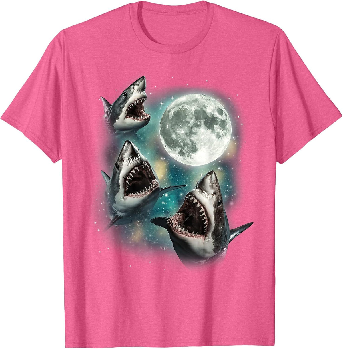 Three Shark Moon | 3 Great Whites Howling Wolfs Moon Parody T-Shirt - Pink Heather
