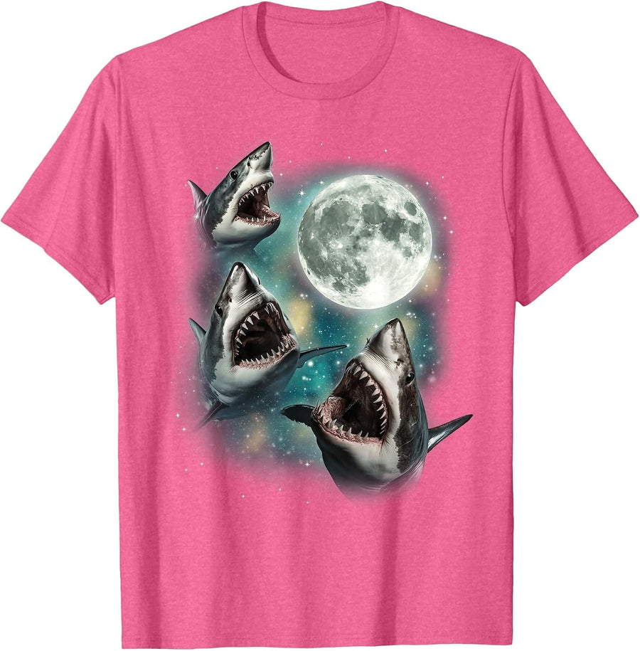 Three Shark Moon | 3 Great Whites Howling Wolfs Moon Parody T-Shirt - Pink Heather
