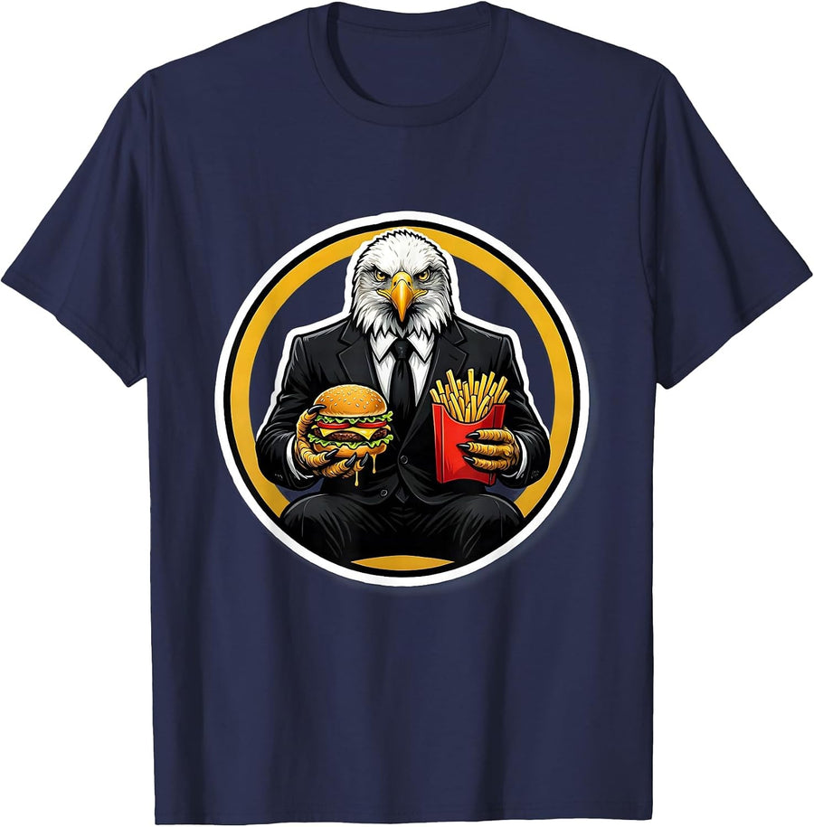 Bald Eagle Fast Food Business Suit Funny Graphic T-Shirt - Navy Blue