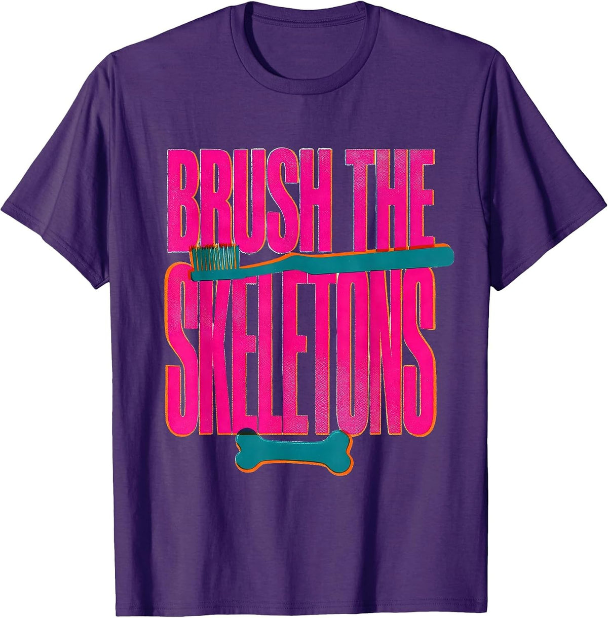 Brush the Skeletons Risograph Halloween Dentist Dental Humor T-Shirt - Purple