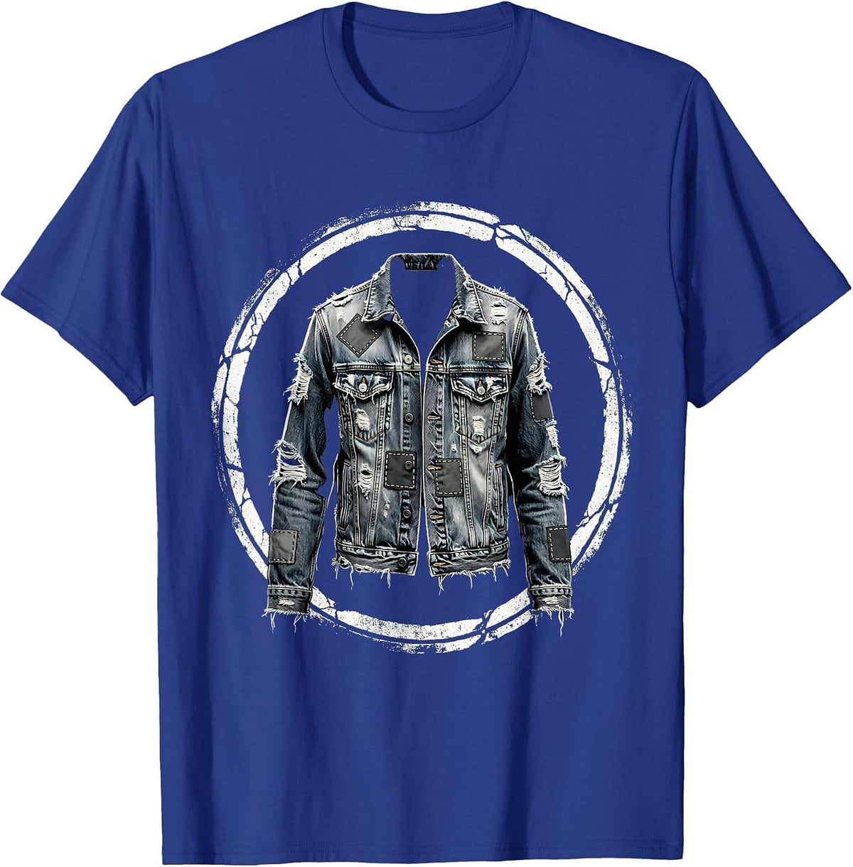 Men's Grunge Patched Denim Jacket Illustration T-Shirt - Royal Blue