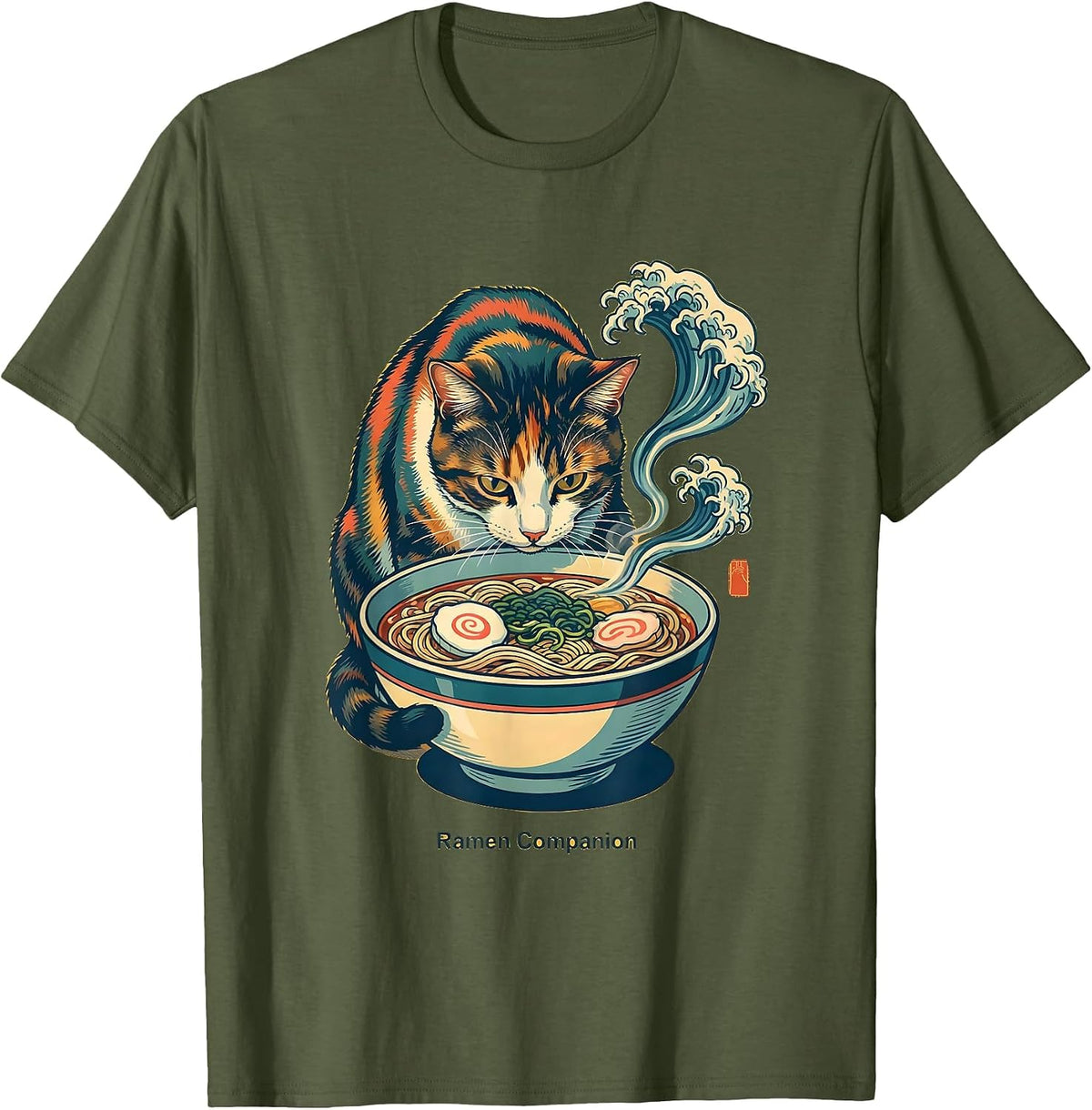 Ramen Companion Kawaii Cat Anime Funny Japanese Food Lover T-Shirt - Olive Green