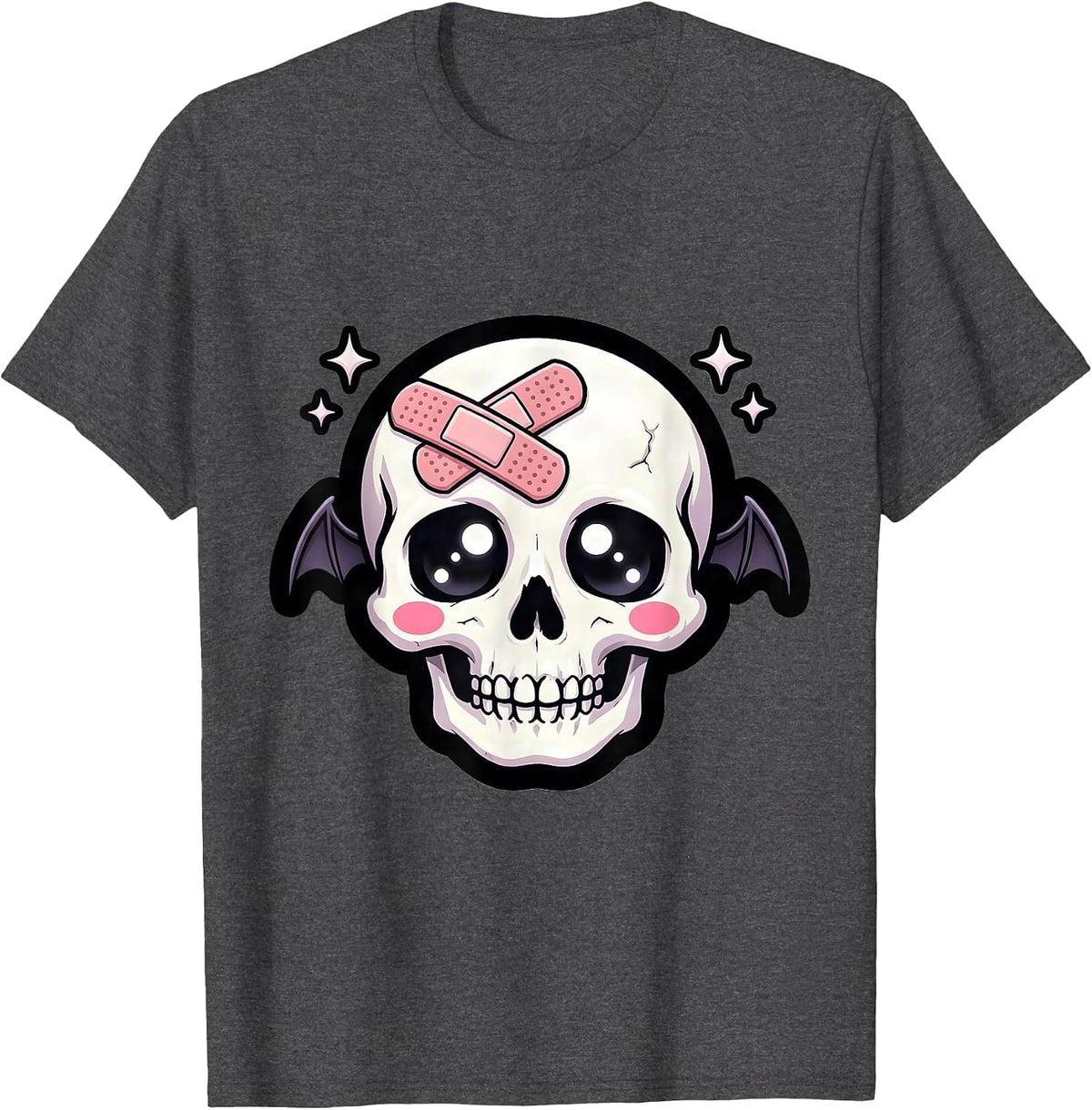 Smiling Skull with Band-Aid Graphic Tee T-Shirt - Dark Heather Grey