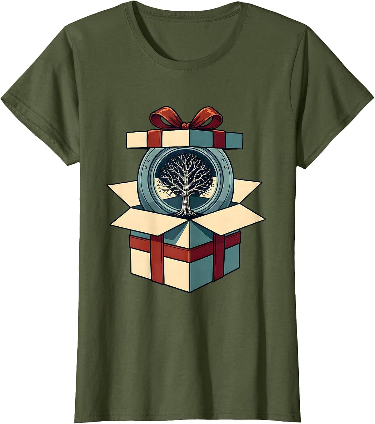 Women's Wrapped Present Skeleton Radiology Tech Christmas Humor T-Shirt - Olive Green