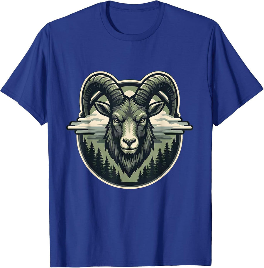 Goat Head Emerging From Forest Fog Illustration T-Shirt - Royal Blue