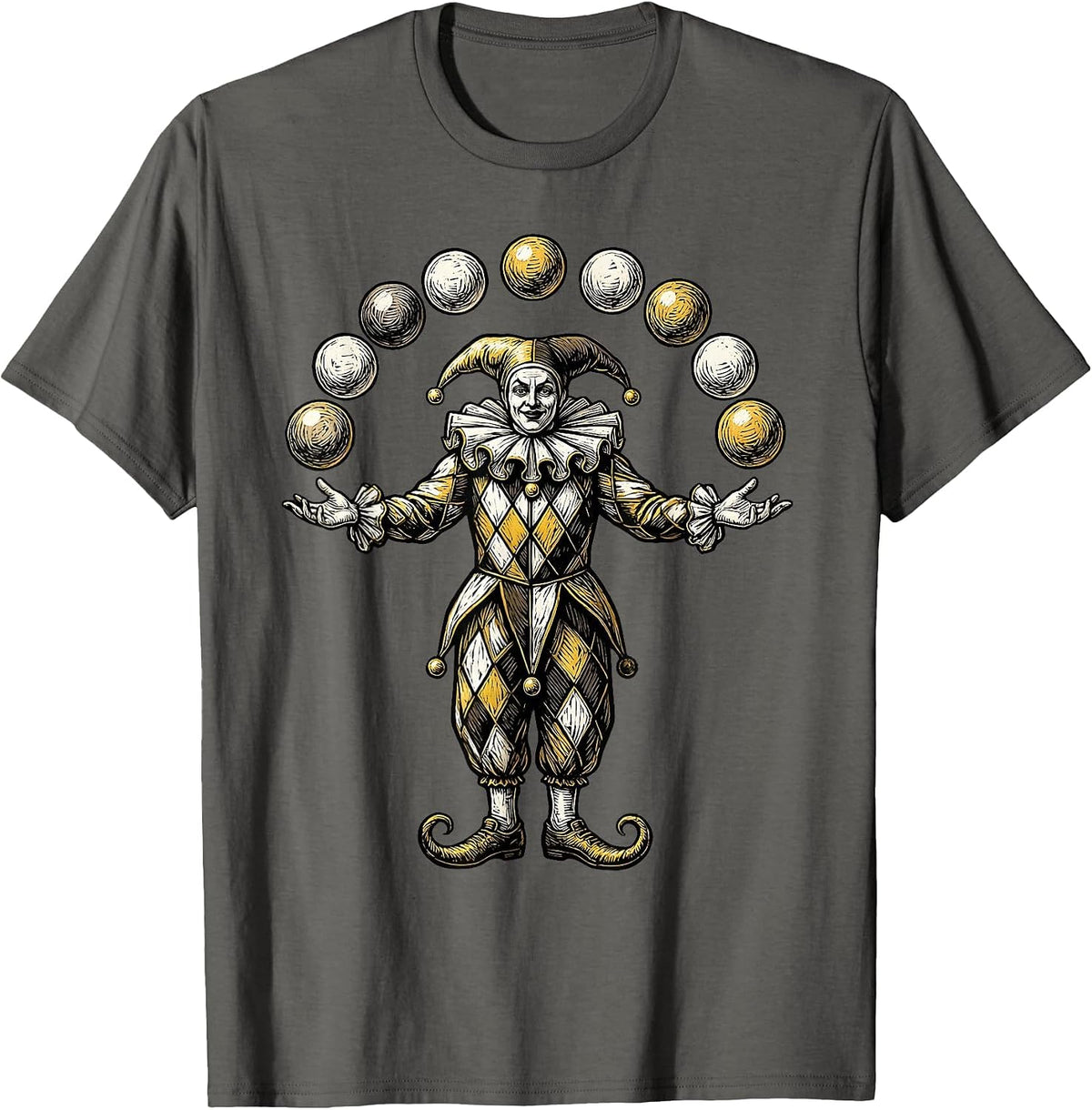Mardi Gras Jester Juggling Colorful Diamond Costume T-Shirt - Asphalt Grey