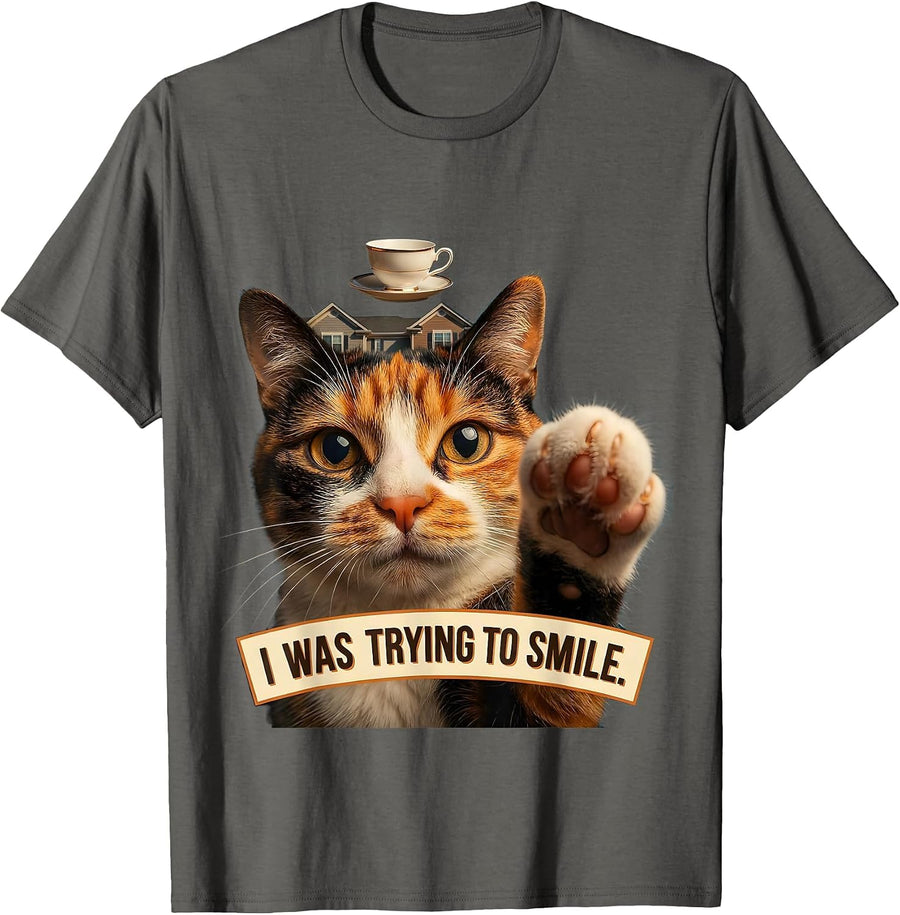 I Was Trying To Smile Funny Cat UFO Alien Selfie Meme Gifts T-Shirt - Asphalt Grey