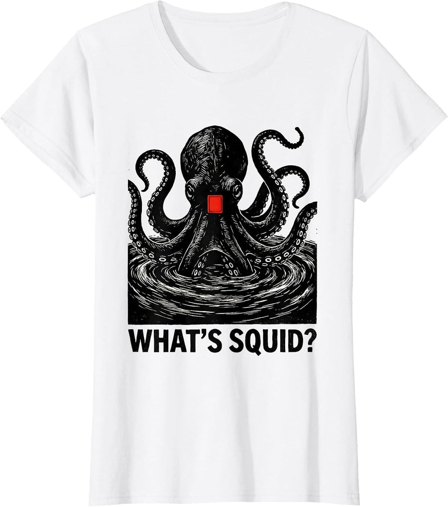 Women's What's Squid? Linocut Octopus Kraken Sea Creature Graphic T-Shirt - White