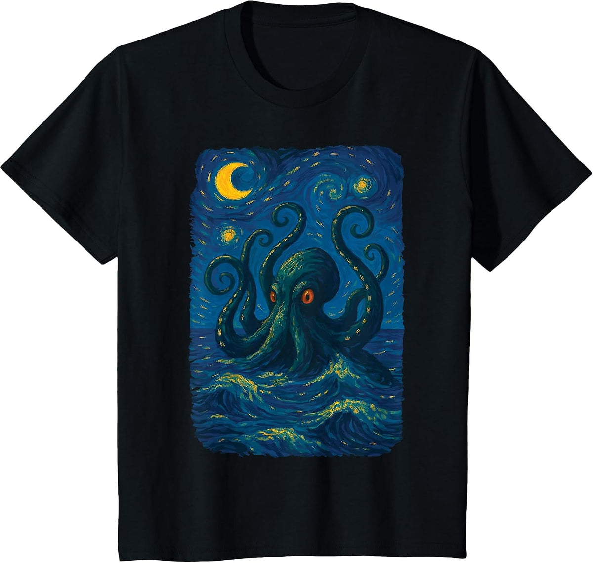 Starry Night Kraken Ocean Art Van Gogh Octopus Sea Monster T-Shirt - Black