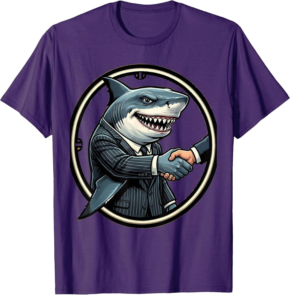 Shark Business Suit Handshake Funny Graphic T-Shirt - Purple