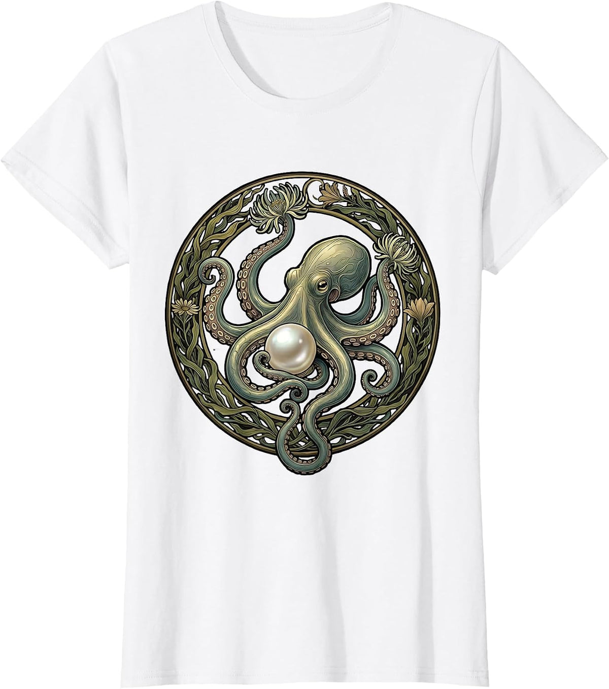 Women's Octopus and Pearl Lustrous Ocean Illustration T-Shirt - White