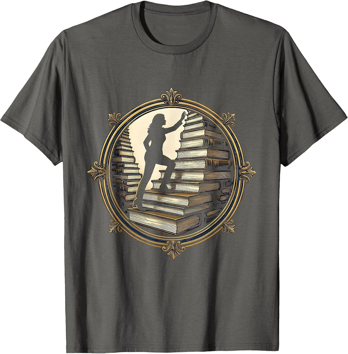 Book Lover Staircase Climbing Illustration T-Shirt - Asphalt Grey