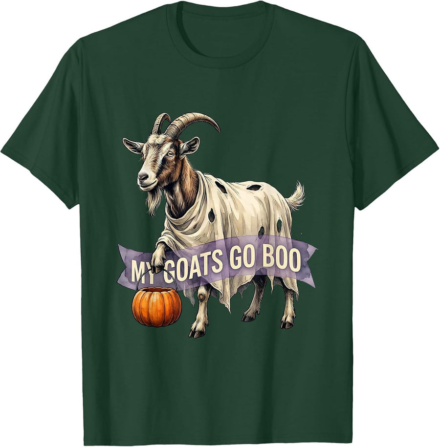 Men's My Goats Go Boo Watercolor Halloween Goat Farmer Spooky T-Shirt - Dark Green