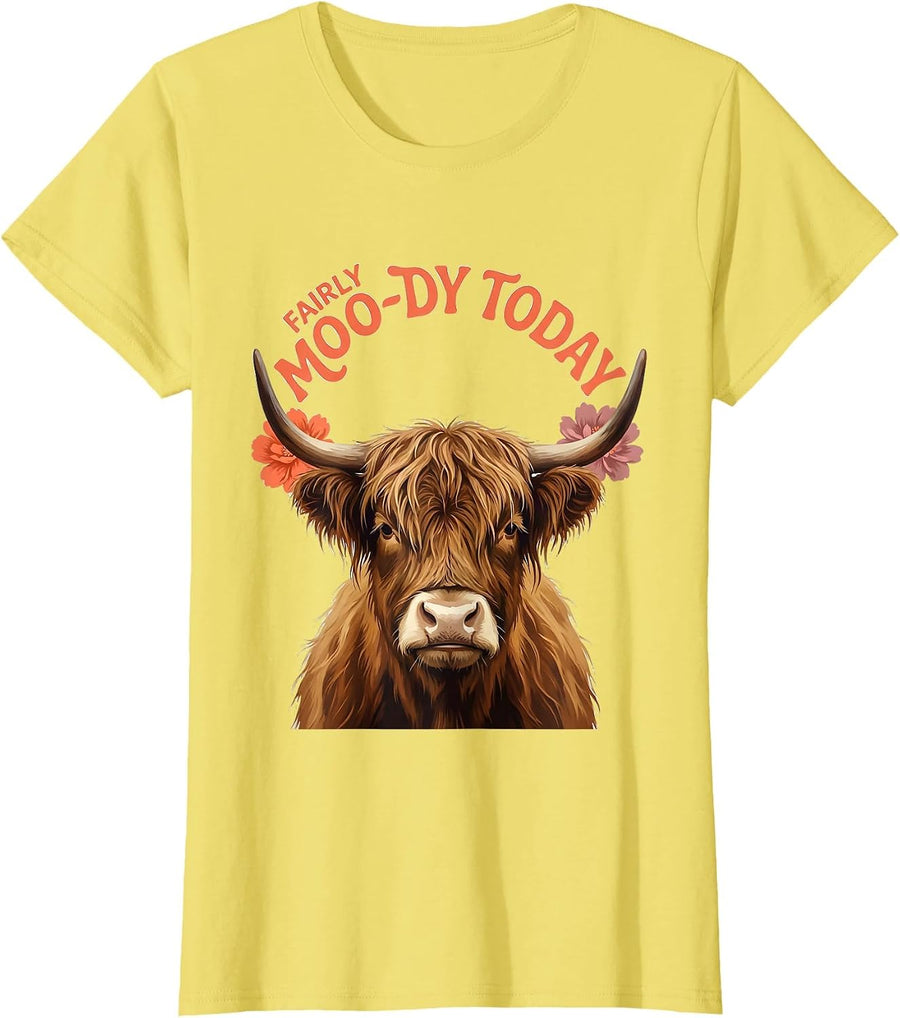 Women's Fairly Moo-dy Today Funny Highland Cow Floral Humor T-Shirt - Lemon Yellow