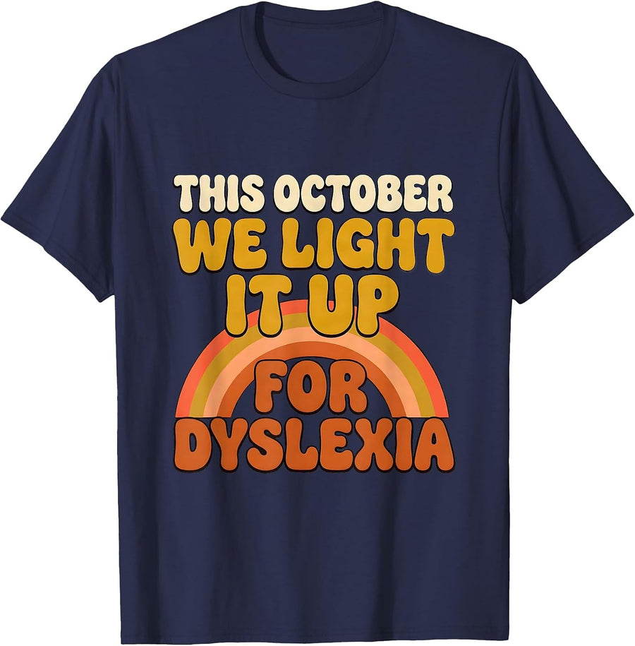 This October We Light It Up For Dyslexia Retro 70s T-Shirt - Navy Blue