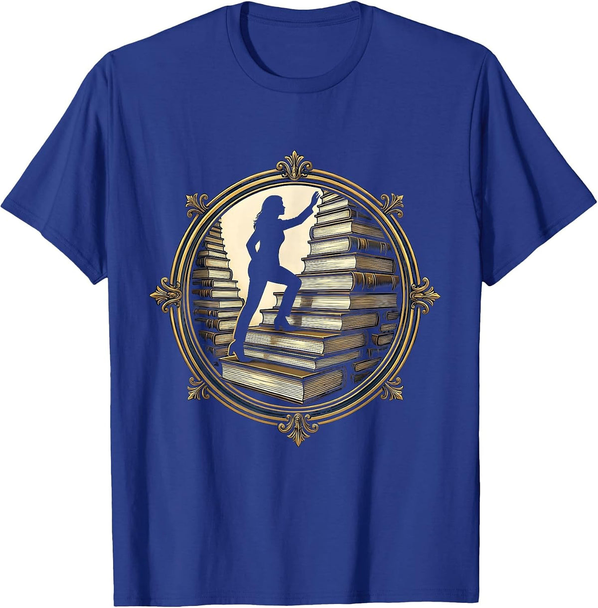 Book Lover Staircase Climbing Illustration T-Shirt - Royal Blue