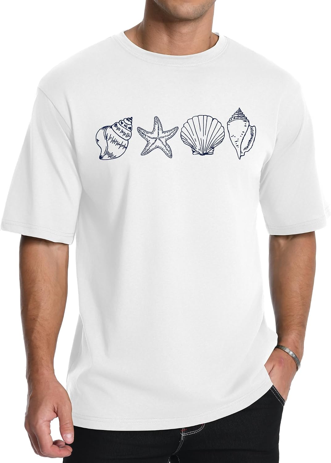 Aiyino Men's Seashell Beach Starfish Coastal 100% Cotton Graphic Tee - White