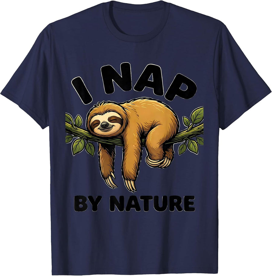 I Nap By Nature Funny Sloth Lover Gift for Introverts T-Shirt - Navy Blue