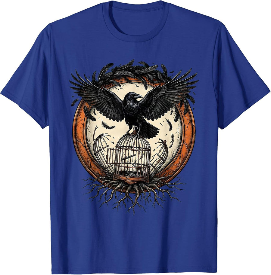Crow Feathers Broken Cage Freedom Graphic T-Shirt - Royal Blue
