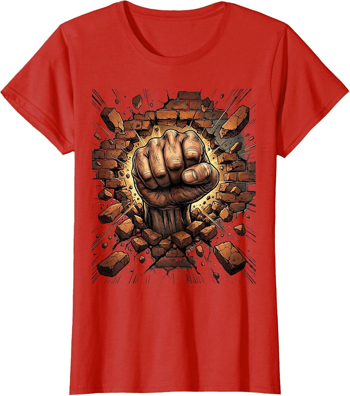 Grunge Fist Through Brick Wall Graphic Tee T-Shirt - Red