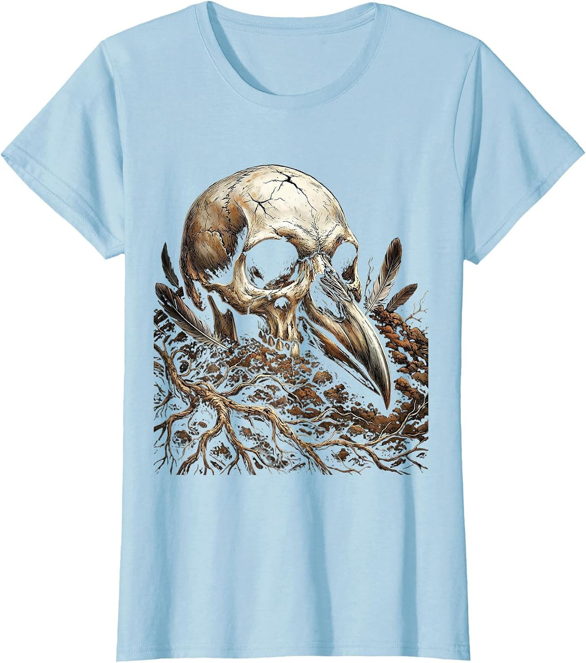 Crow Skull Half Buried in Dirt Dark Gothic Art T-Shirt - Baby Blue