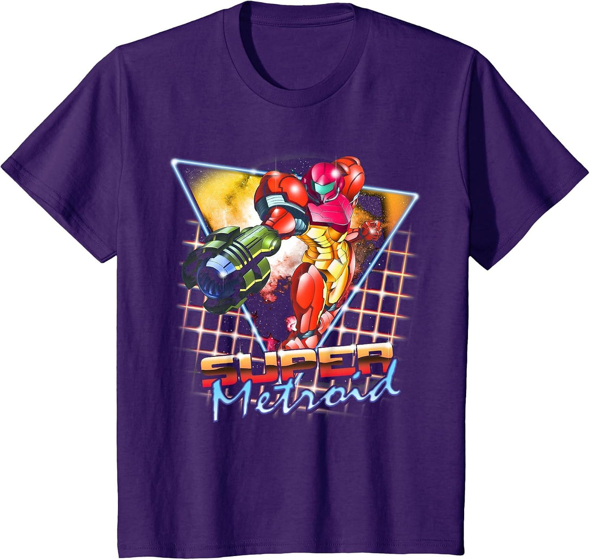 Nintendo Super Metroid Samus Grid Neon Chrome Poster T-Shirt - Purple