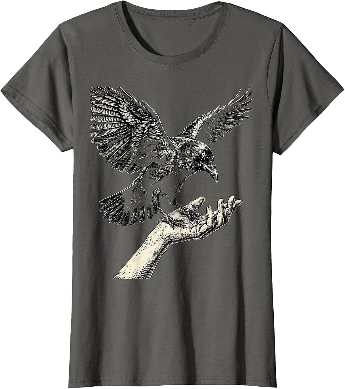 Women's Crow Landing on Outstretched Hand Illustration T-Shirt - Asphalt Grey