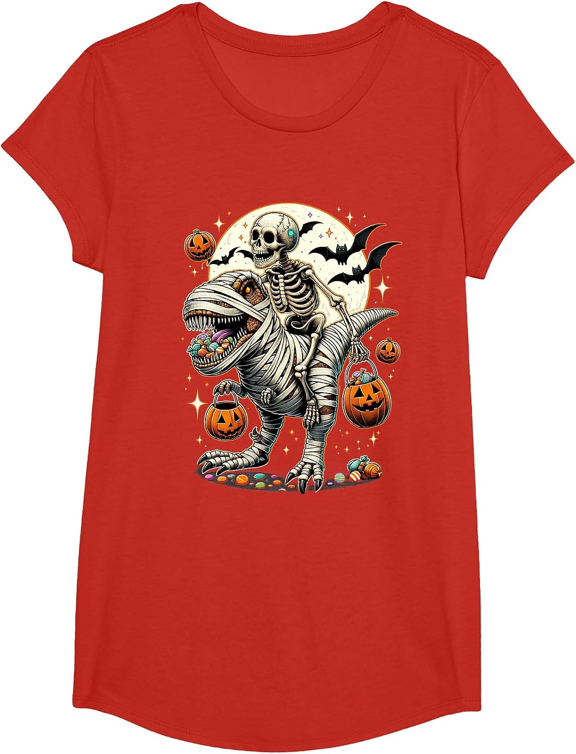 Skeleton Riding Mummy Dinosaur T Rex Kids Boys Men Halloween T-Shirt - Girls Red