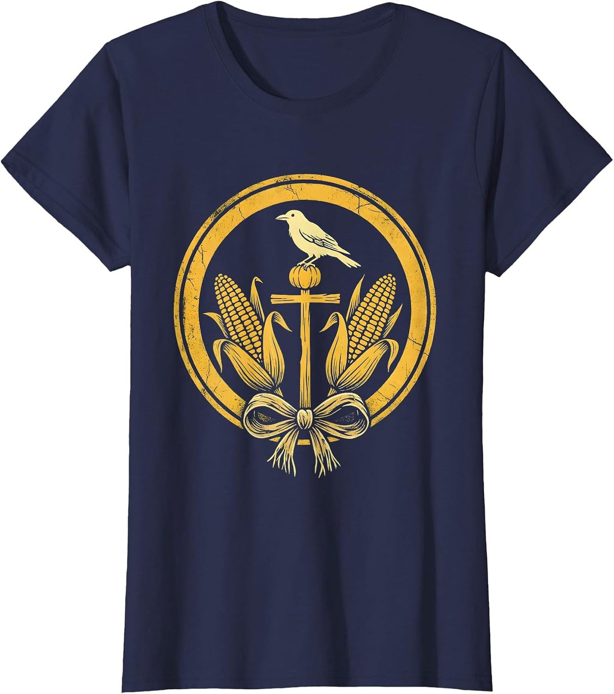 Women's Crow on Scarecrow Fall Cornfield Illustration T-Shirt - Navy Blue
