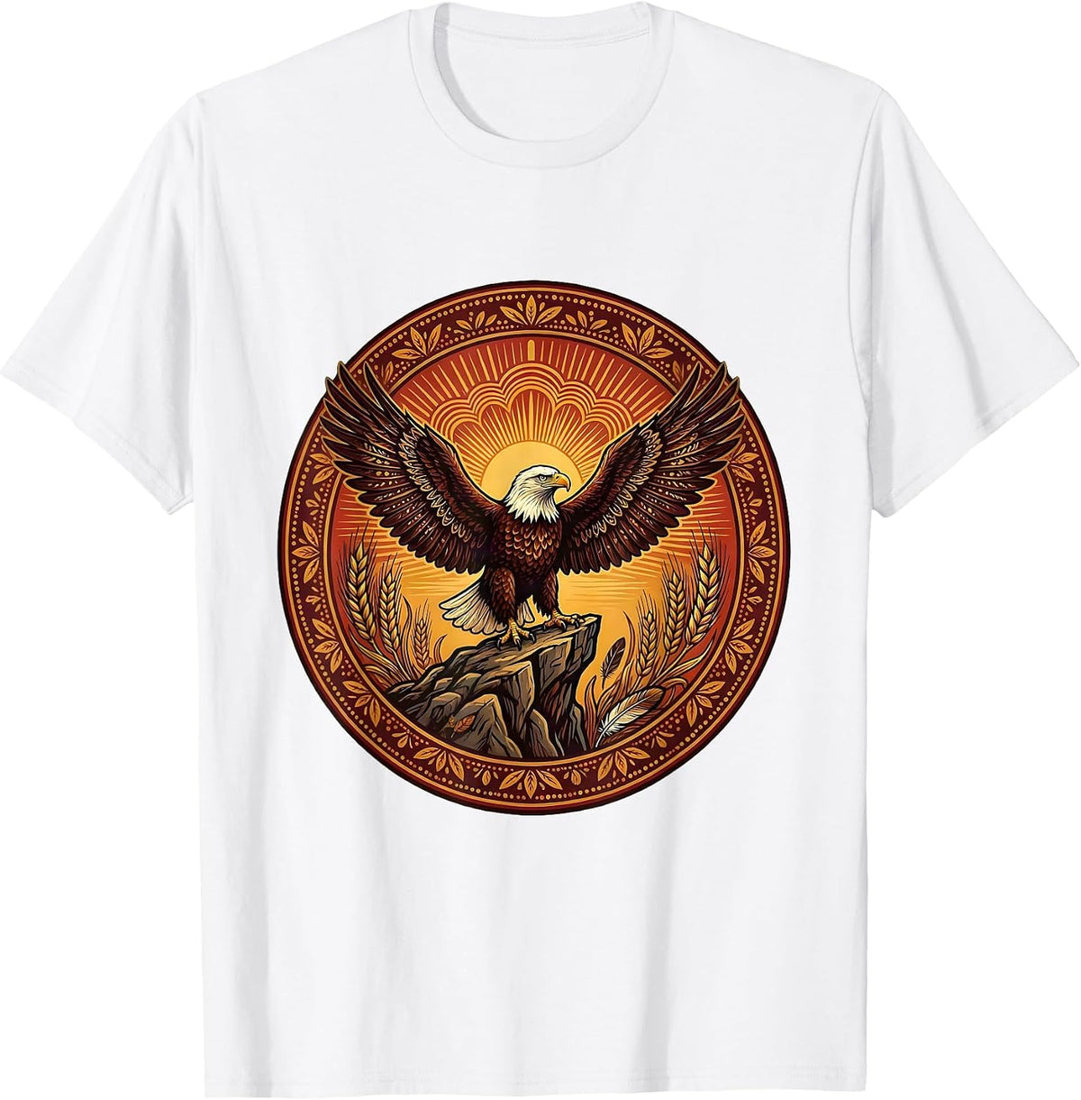 Men's Bald Eagle Cliff Sunrise Thanksgiving Design T-Shirt - White