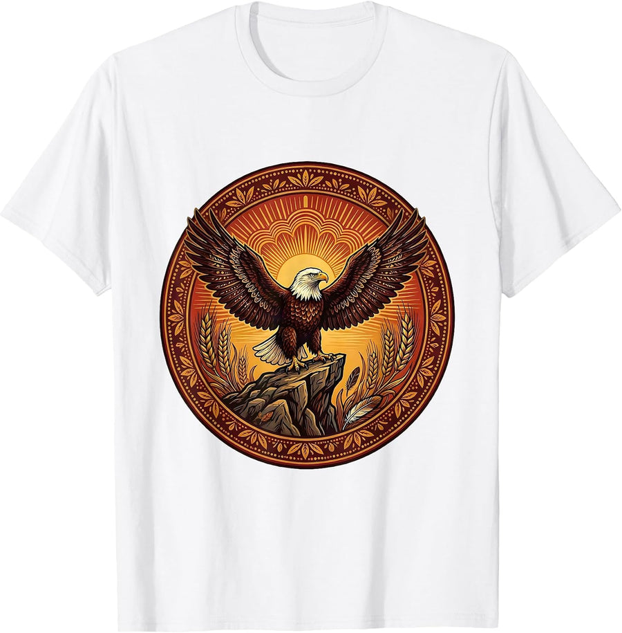 Men's Bald Eagle Cliff Sunrise Thanksgiving Design T-Shirt - White