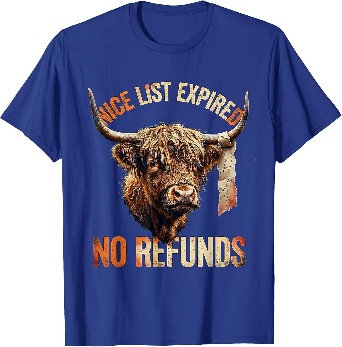 Men's Nice List Expired No Refunds Distressed Highland Cow T-Shirt - Royal Blue