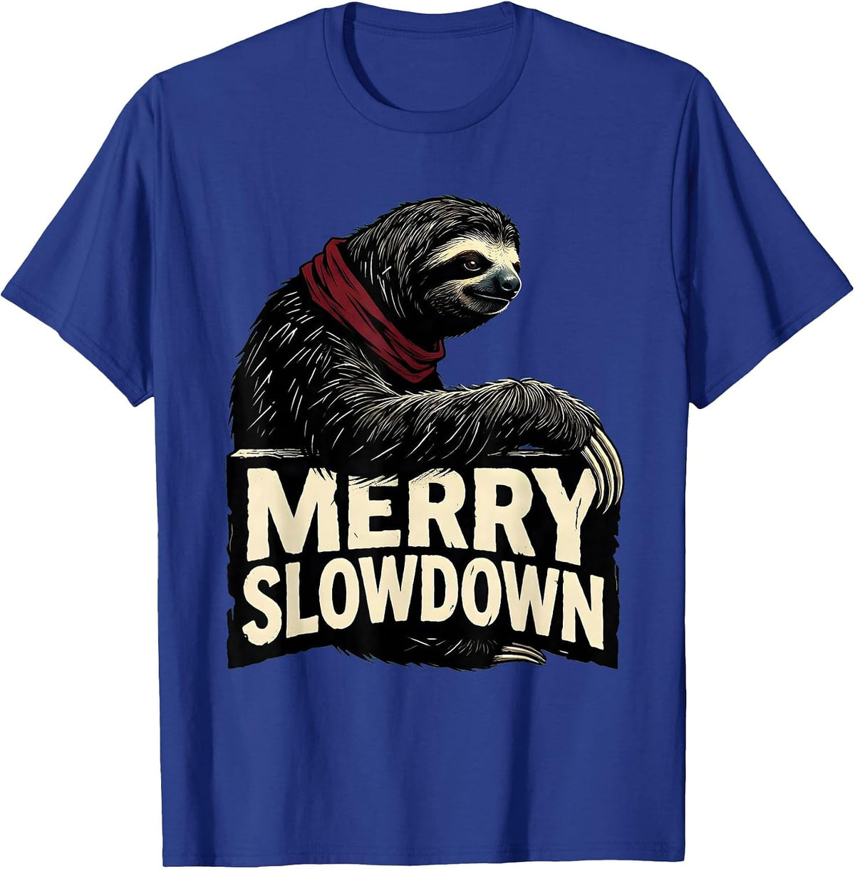Men's Merry Slowdown Linocut Funny Sloth Lover Christmas Pajama T-Shirt - Royal Blue