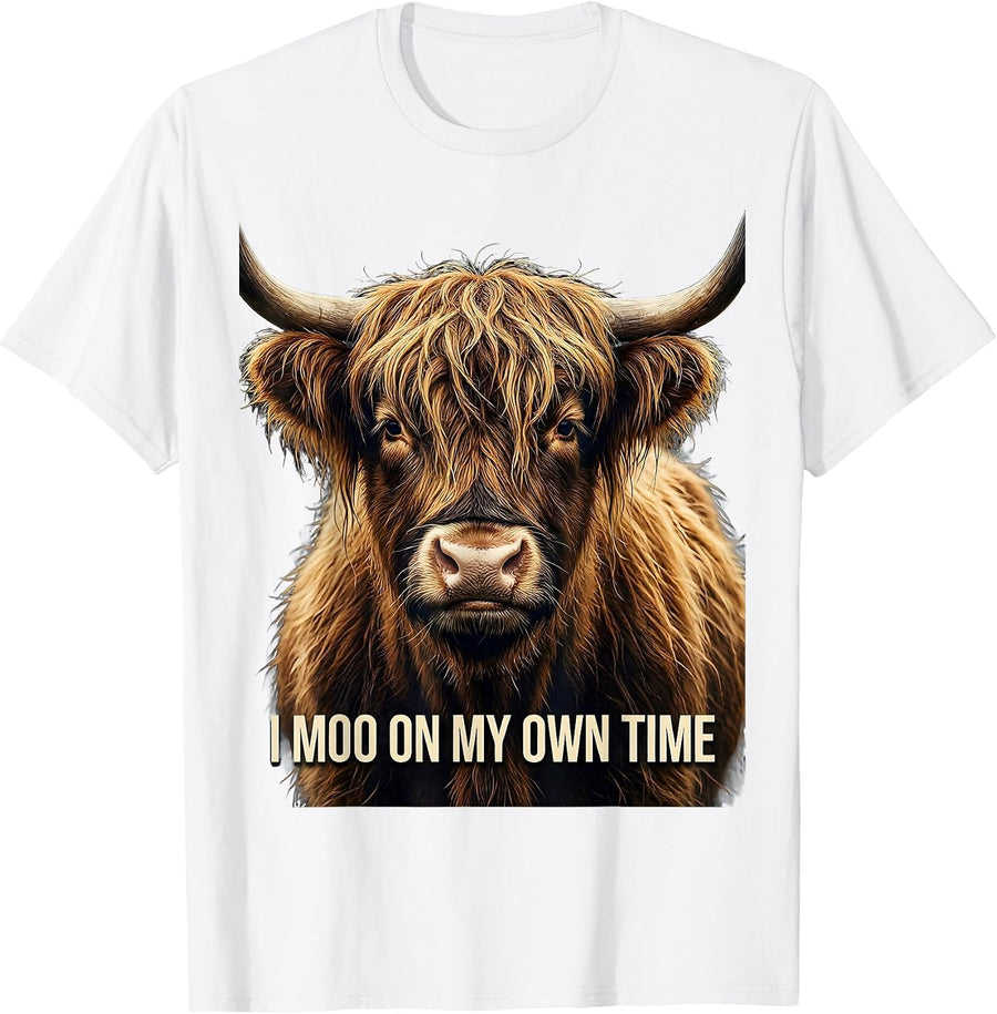 Men's I Moo On My Own Time Funny Highland Cow Sassy Cute Animal T-Shirt - White
