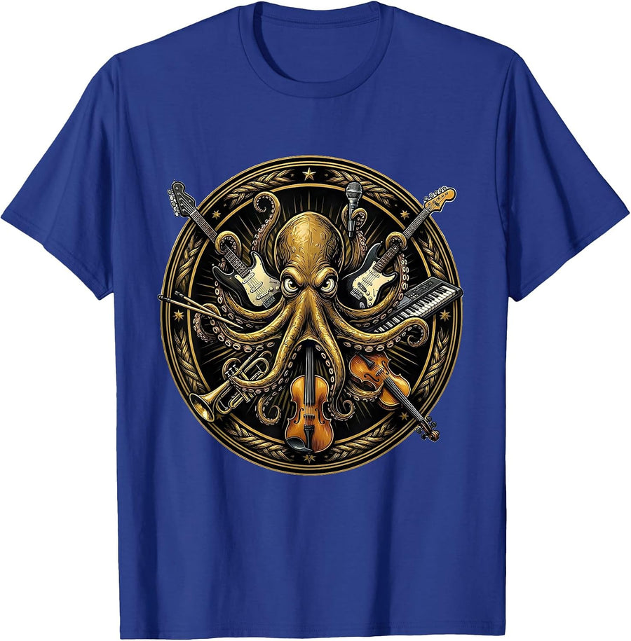 Octopus Rock Band Musician Graphic Tee T-Shirt - Royal Blue