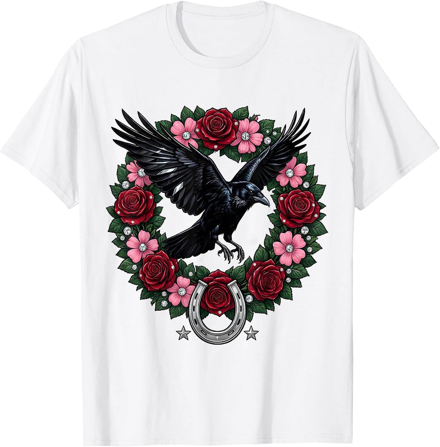 Men's Crow Landing on Floral Crown Illustration T-Shirt - White