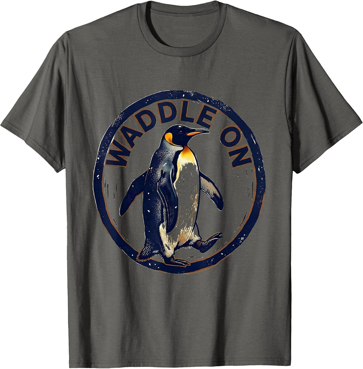 Waddle On Linocut Penguin Lover Humor Animal Enthusiast T-Shirt - Asphalt Grey