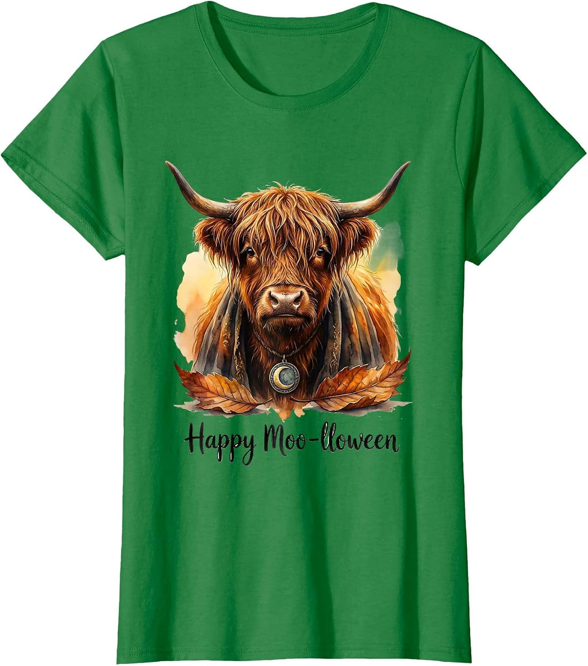 Happy Moo-lloween Whimsical Highland Cow Halloween Fall T-Shirt - Kelly Green