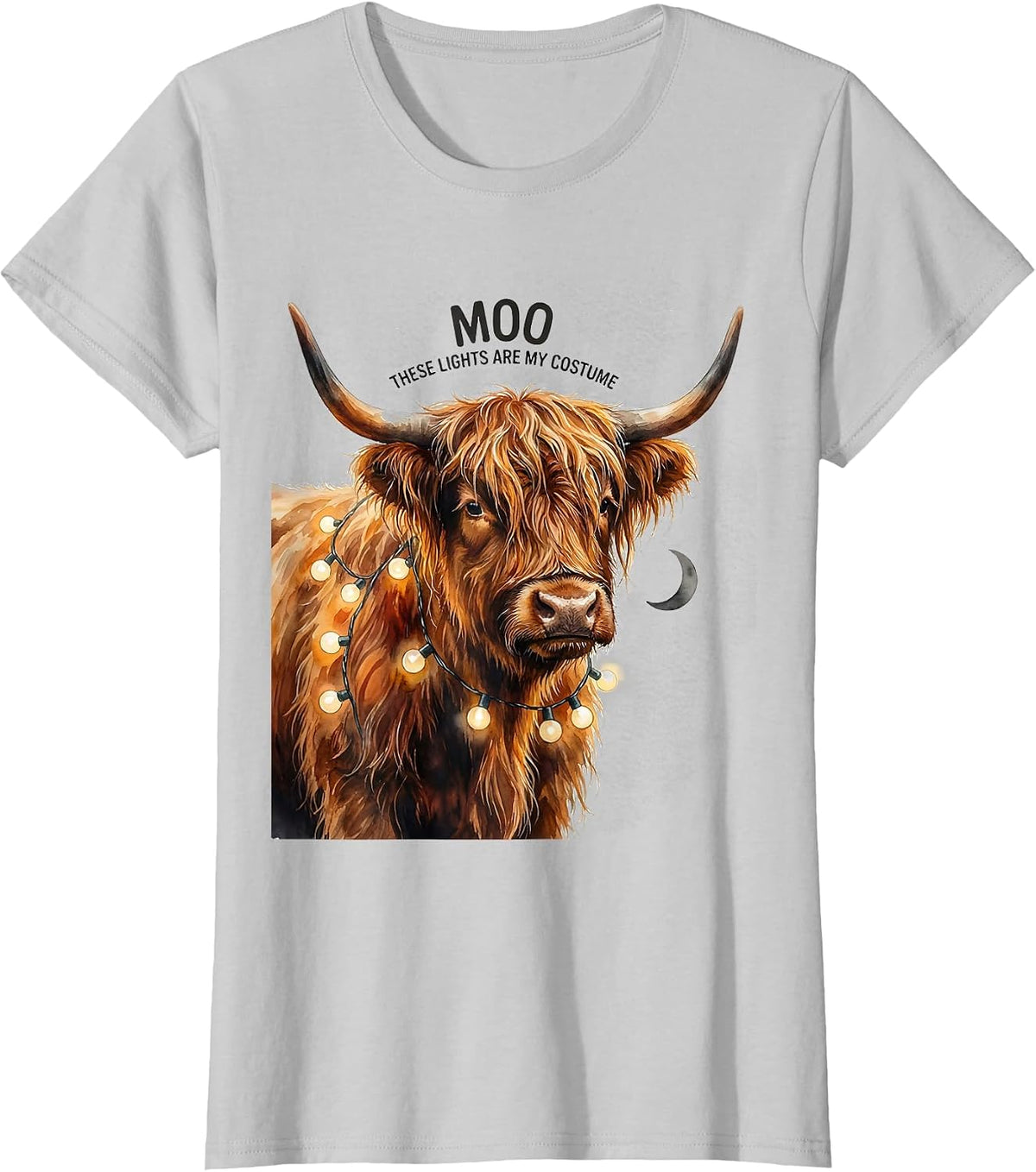 Moo These Lights Are My Costume Watercolor Highland Cow T-Shirt - Silver Grey