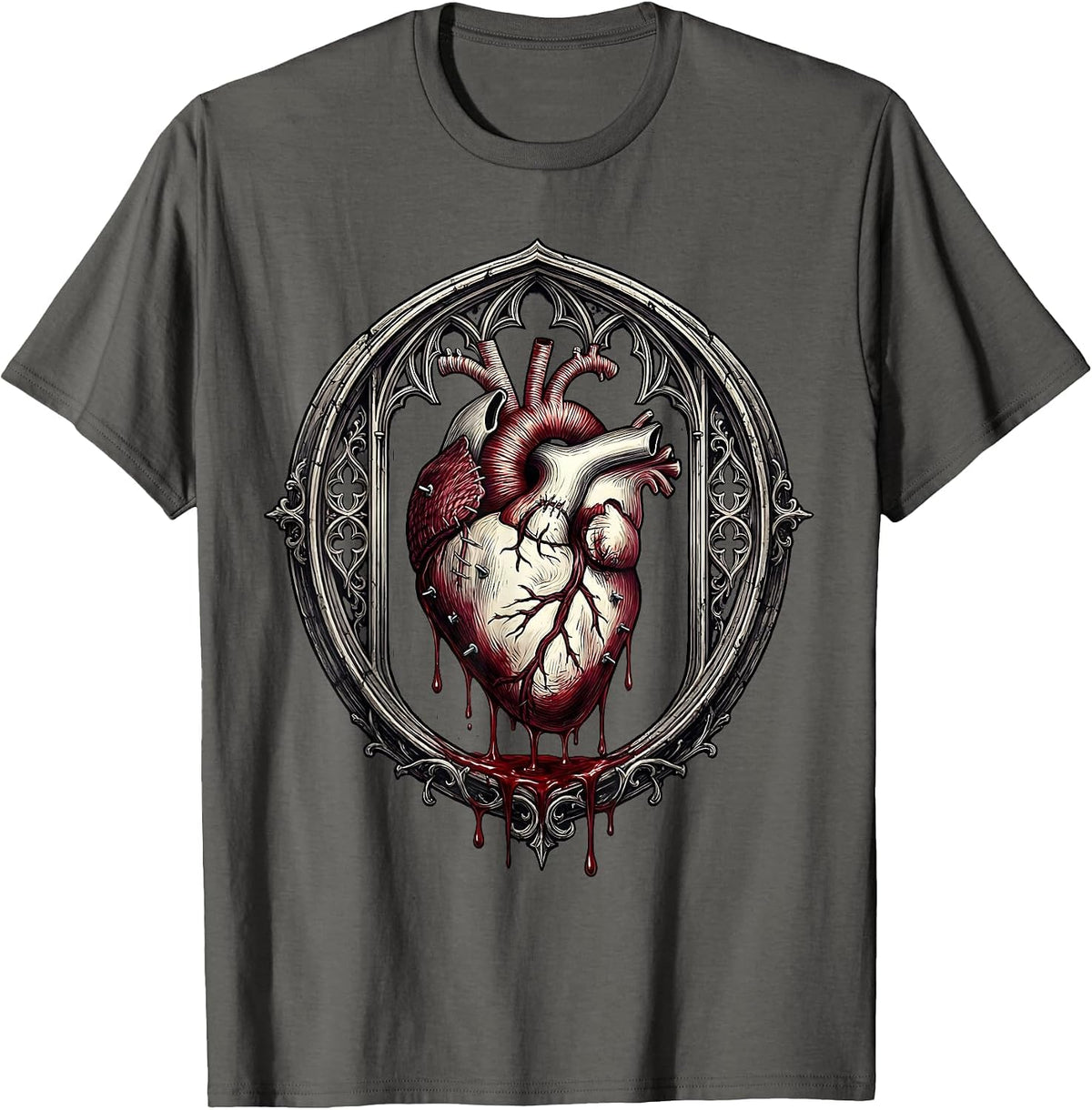 Bloody Stitched Heart Gothic Dark Art Design T-Shirt - Asphalt Grey