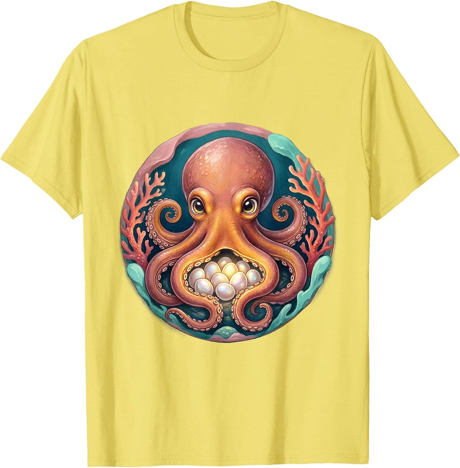 Men's Mother Octopus Sheltering Eggs Protective Mom Art T-Shirt - Lemon Yellow