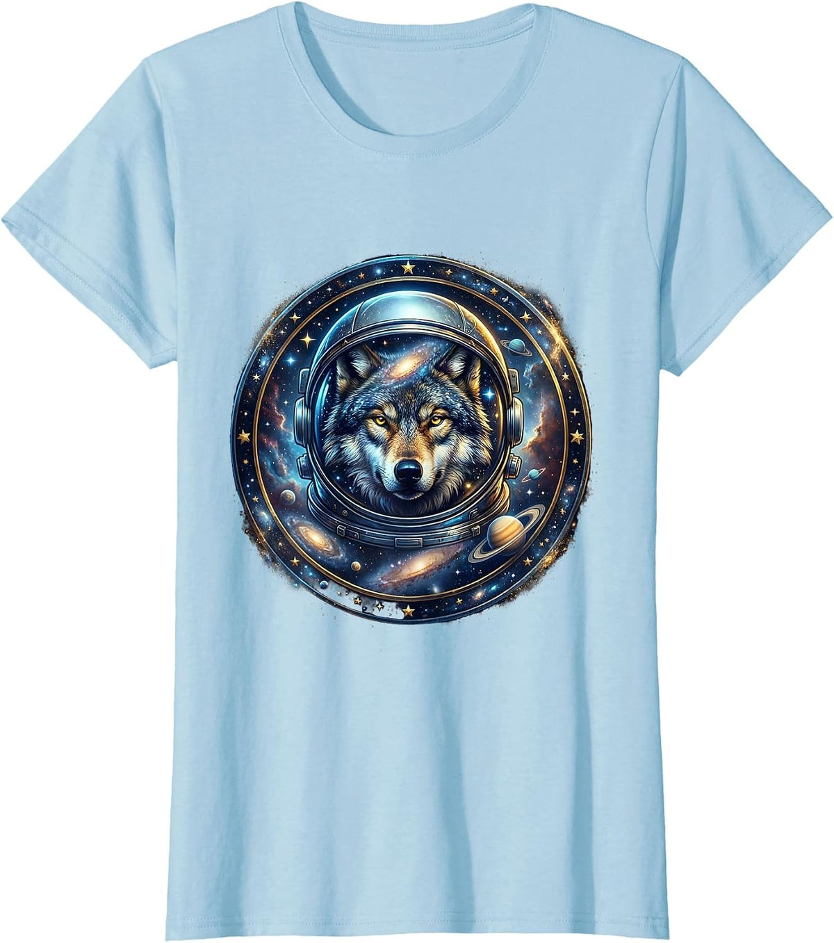 Wolf Astronaut Floating in Outer Space T-Shirt - Baby Blue