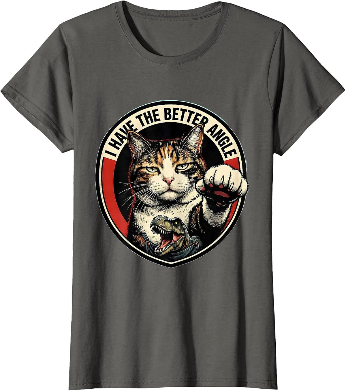 Women's I Have The Better Angle Comic Book Cat Selfie With T-Rex T-Shirt - Asphalt Grey