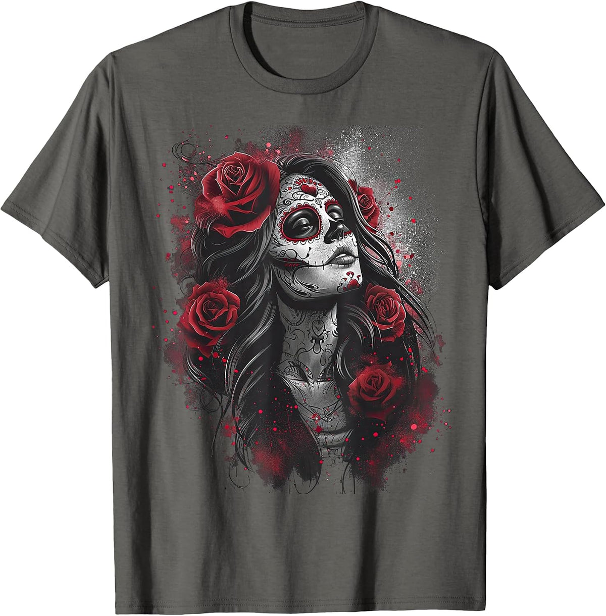 Cute Sugar Woman Day of the Dead Pink Girl T-Shirt - Asphalt Grey