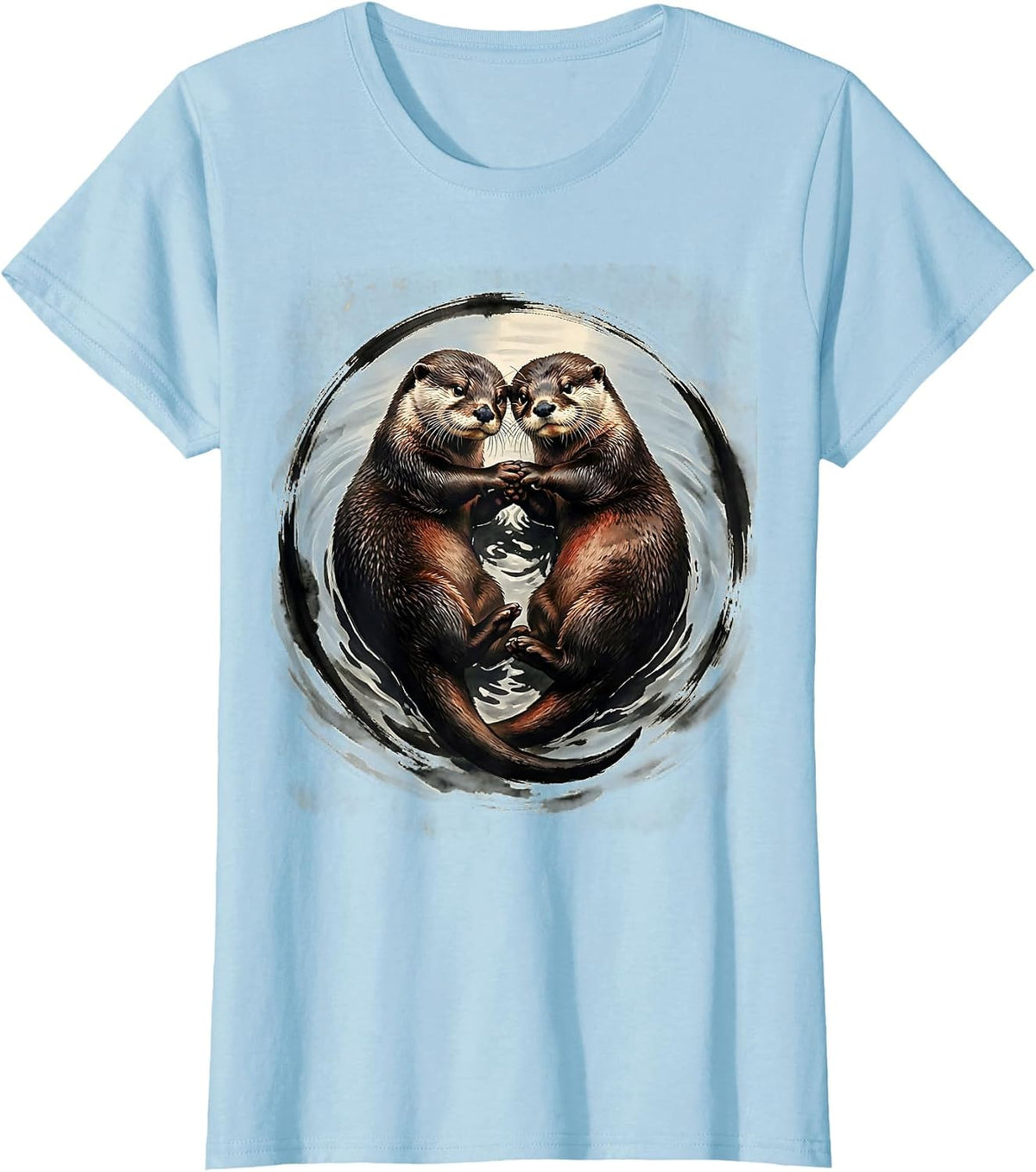 Sleeping Otters Holding Hands Cute Wildlife Art T-Shirt - Baby Blue
