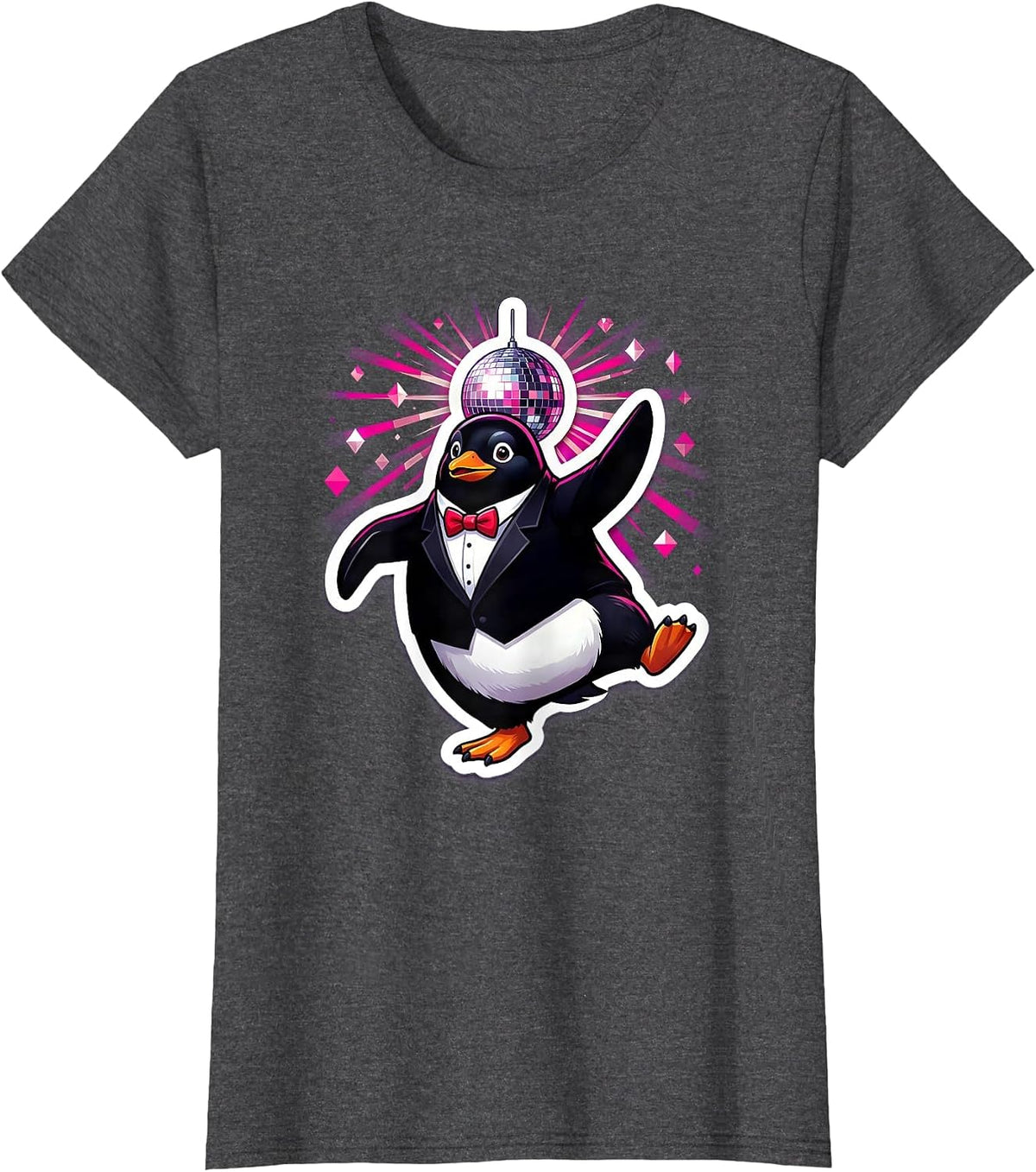 Women's Penguin in Tuxedo Dancing Under Disco Ball T-Shirt - Dark Heather Grey