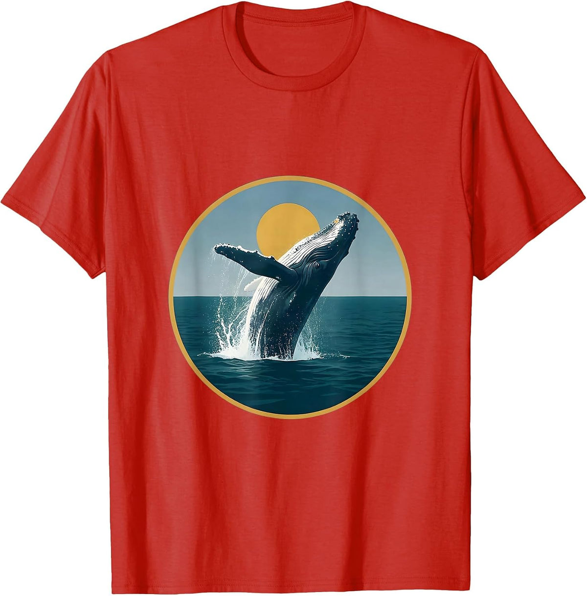 Whale Breaching Ocean Surface Sunlit Illustration T-Shirt - Red