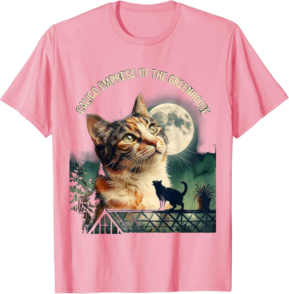 Men's Calico Empress of the Greenhouse Vintage Cat Howling at Moon T-Shirt - Pink