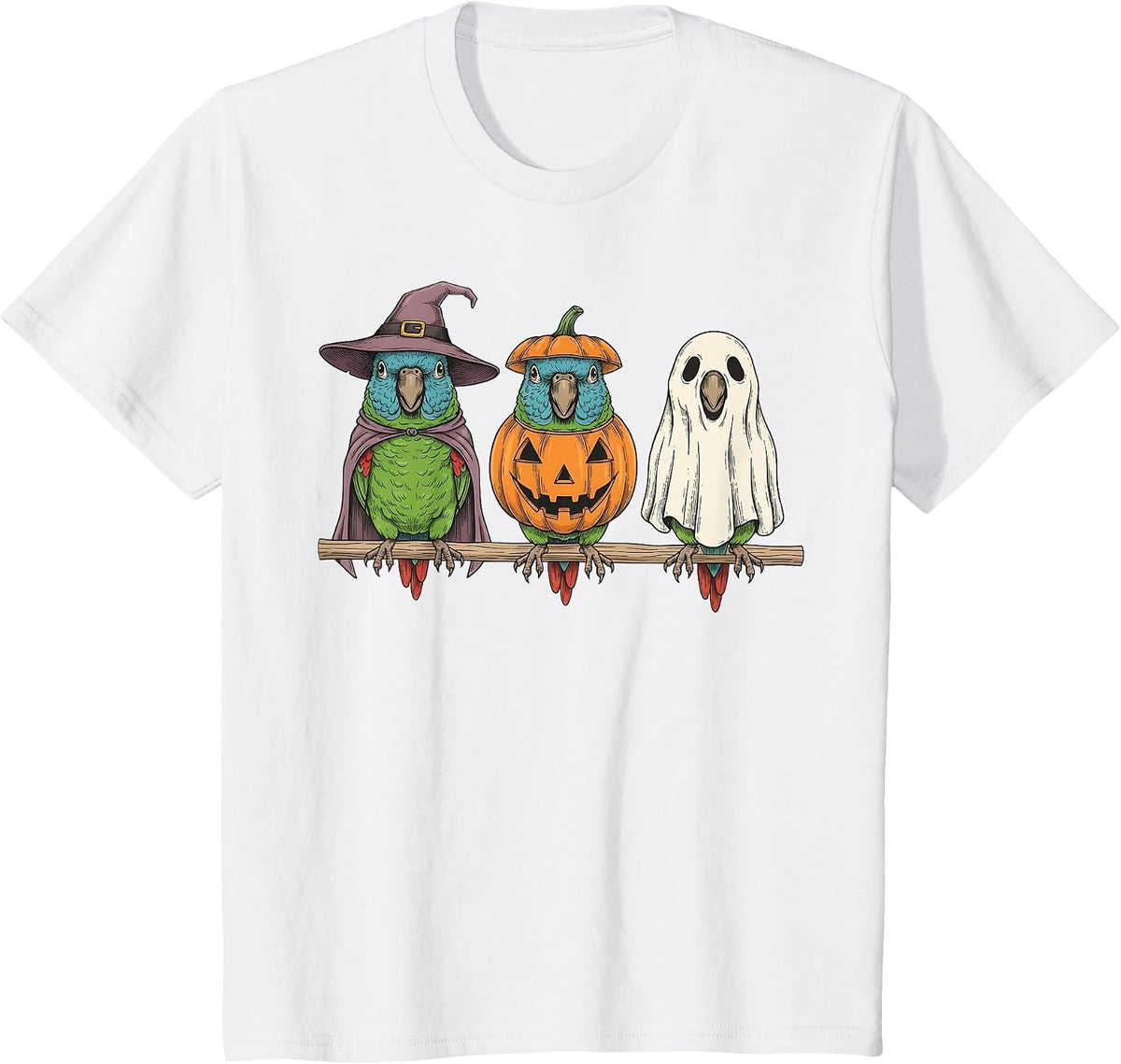 Spooky Ghost Blue Crowned Conure Parrot Pumpkin Halloween T-Shirt - White