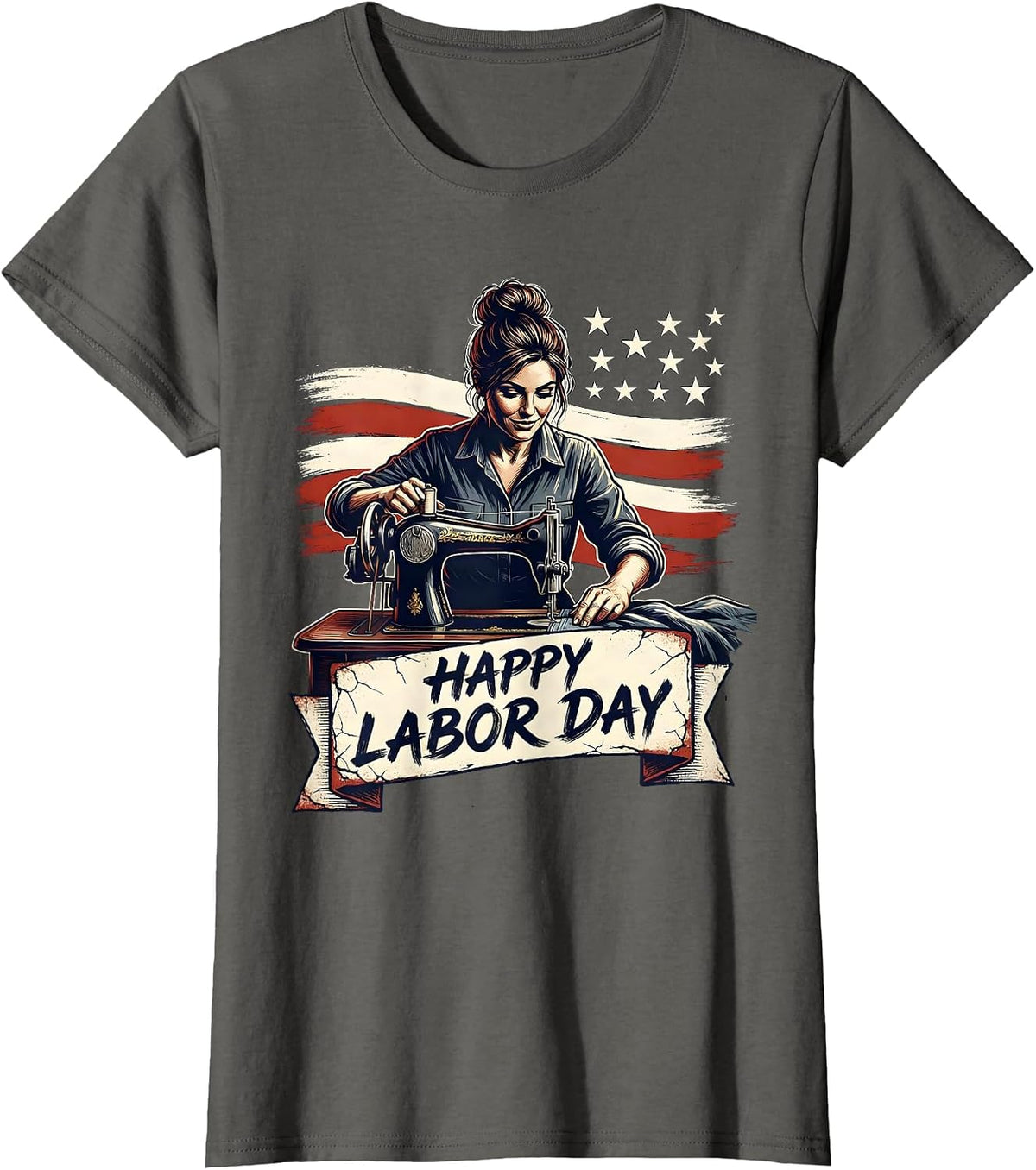 Women's Happy Labor Day Distressed Patriotic Woman Messy Bun Labor T-Shirt - Asphalt Grey